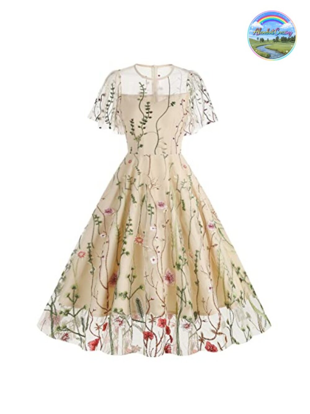 Vintage Floral Embroidery Tulle Mesh Cocktail Swing Dress